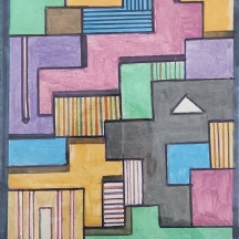 ''שכונה גאומטרית' - טושים על נייר, חתום ומתוארך 2010