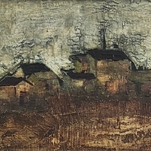 'בתים עם גגות שחורים' - ציור ישן ויפה, שמן על בד צרפתי, חתום