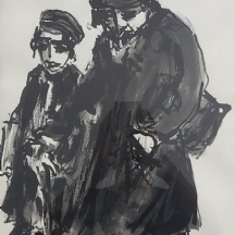 משה ברנשטיין (Moshe Bernstein) - 'בדרך ללימוד תורה' - ציור ישן, אקוורל שחור
