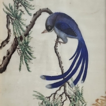 'ציפור כחולה על ענף' - ציור עתיק בן כמאה שנה בצבעי גואש על משי