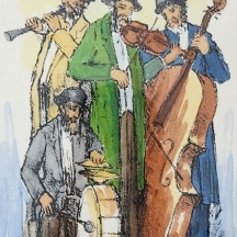 בן ציון מגל - 'כליזמרים מנגנים' - ליטוגרפיה צבועה ביד באקוורל, חתום בעיפרון