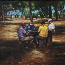 ורדה גינזבורג - 'ארבעה פנסיונרים משחקים קלפים בחורשה' - ציור ישן שמן על בד צרפתי