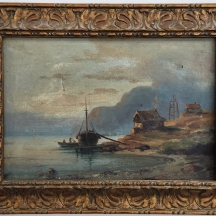 'שלושה דייגים עולים לספינת דייג' - ציור אירופאי עתיק בן יותר ממאה שנה, שמן על בד