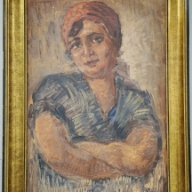 'פועלת עם מטפחת אדומה' - ציור עתיק מתחילת המאה העשרים, 1920 בקירוב, שמן על קרטון