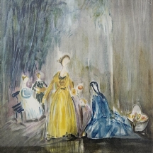 יוסף קוסונוגי (Joseph Kossonogi) - 'גברות קוטפות פרחים בגן' - ליטוגרפיה ישנה