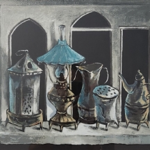 יוסל ברגנר (Yosl Bergner) - 'כלים ועששית' - ליטוגרפיה ישנה ויפה, חתומה בעיפרון