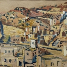 'כפר במורדות ירושלים' - ציור ישן, גואש על נייר, חתום קליש או קלוש ומתוארך: 1954