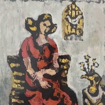 יעקב וכסלר  (Jacob Wexler) - 'אישה בשמלה אדומה ליד כלוב ציפורים צהוב'