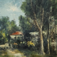 בנימין לוי - Benjamin Levy - 'בית עם גג אדום בין עצים' - ציור ישן