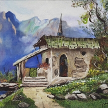 'בית נטוש בהרים' - ציור ישן, שמן על לוח, חתום: ש. פסטרנק