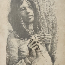 יורם לוקוב (Yoram Lokov) - 'נערה פורמת כפתור' - הדפס חתום בפלטה משנות השישים