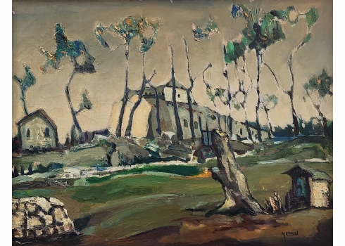 מולי שוואט (Molli Chwat, פולין/צרפת, 1888-1979) - 'בתים ועצים' - ציור גדול ויפה