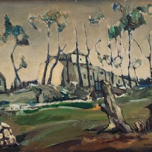 מולי שוואט (Molli Chwat, פולין/צרפת, 1888-1979) - 'בתים ועצים' - ציור גדול ויפה