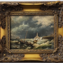 'דייגים בסירה בים סוער' - ציור ישן בסגנון עתיק, שמן על לוח, חתום, מידות: 20X25 ס