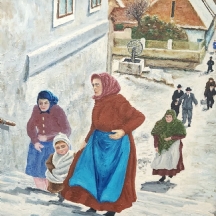 'יום ראשון בעיירה' - ציור ישן, שמן על לוח