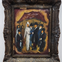 'חתונה יהודית' - ציור ישן, שמן על לוח, חתום בחתימה לא מפוענחת