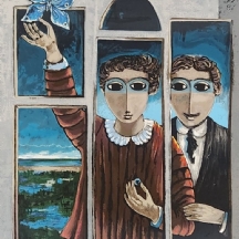 יוסל ברגנר (Yosl Bergner) - 'זוג ופרפר כחול בחלון יפואי' - ליטוגרפיה ישנה ויפה