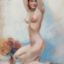 'עציץ פורח בכתום' - ציור ישן, גירי פסטל על נייר, חתום ומתוארך: 1942