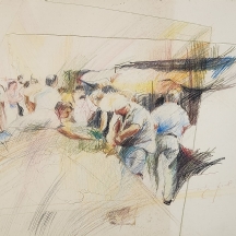 שרית גורה (Sarit Gura) - 'גברים בשוק' - ציור ישן, עפרונות צבעוניים על נייר, חתום