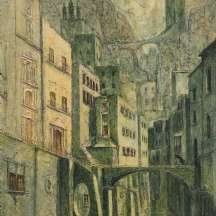 'מדרגות ירוקות' - ציור ישן, שמן על לוח, חתום: Ruan