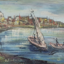 זולטן פרלמוטר - 'שתי סירות דייגים ורודות במעגן' - שמן על נייר, חתום