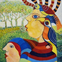 'ציפורים בגן של קלימט' - ציור ישן, שמן על בד, חתום: A. Tzarfati