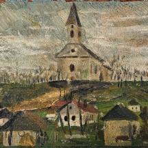 'הכנסייה על ראש הגבעה' - ציור ישן שמן על לוח, לא חתום, אמן לא ידוע, לא ממוסגר