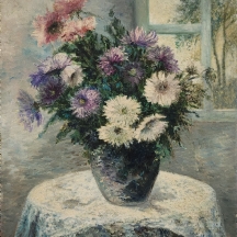 הדי קון (Heddy Kun) - 'זר פרחי חרצית בכד כחול על מפה לבנה' - ציור ישן, שמן על בד