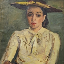 ליאו קאהן ( Leo Kahn) - 'אישה בחולצה לבנה וכובע צהוב' - ציור גדול ויפה