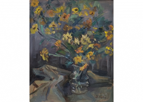 ליאו קאהן (Leo Kahn) - 'זר פרחים צהובים וכתומים באגרטל זכוכית' - ציור גדול ויפה