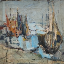 יעל קינן - 'סירות דייגים במעגן' - ציור ישן ויפה, שמן על בד, חתום