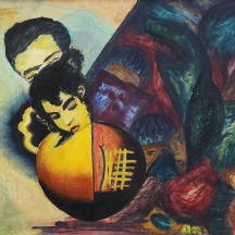 חנה ישינסקי - 'קדמת נעורים' - ציור ישן, שמן על בד, חתום בגב הציור