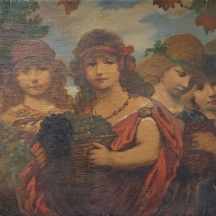 'חמש ילדות בוצרות ענבים' - ציור עתיק, שמן על בד מוצמד לבד (Relining), חתום