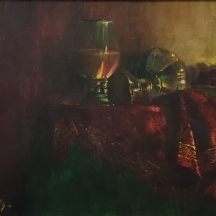 'טבע דומם עם שני גביעי זכוכית וקערת דובדבנים על מפה אדומה' - שמן על בד, חתום