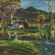 'בתי חווה בנוף' - ציור ישן, שמן על בד, חתום, אמן לא מזוהה