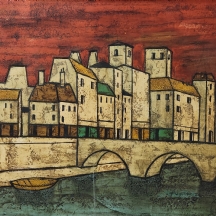 'בתים וגשר על רקע שמים אדומים' - ציור ישן, שמן על בד, חתום: אהרונוביץ