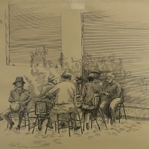 גברים יושבים מחוץ לבית קפה בנס ציונה' - רישום דיו