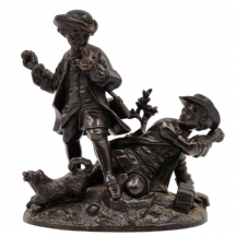 פסל ברונזה צרפתי עתיק ואיכותי במיוחד, בדמות זוג ילדים משתובבים עם כלב