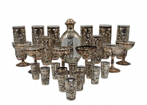 סט מקסיקני מרשים עשוי זכוכית וכסף מנוסר בעבודת יד, חתום - 26 חלקים