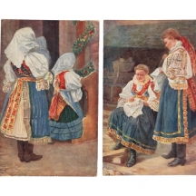 שתי גלויות מזכרת מצוירות, ישנות, ממרחצאות העיר פיישטיאני (סלובקיה)