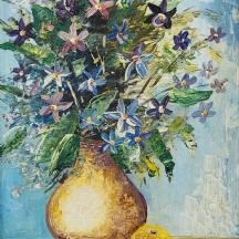 'כד פרחים אפרסק ותותים' - שמן על קרטון