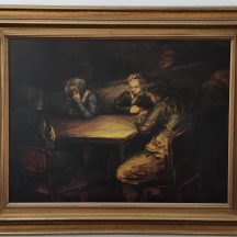 'ארבעה גברים סביב שולחן' - ציור גדול שמן על לוח, לא נמצאה חתימה