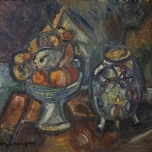 פנחס קרמן (Pinchas Kerman) - 'טבע דומם עם כד קרמיקה וקערת פירות' - שמן על בד
