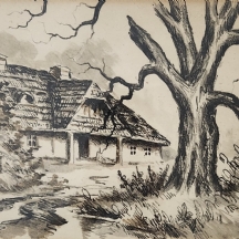 'הבית של האלמנה בלנקה שמפלינסקה' - ציור פולני ישן, רישום ואקוורל על נייר, חתום