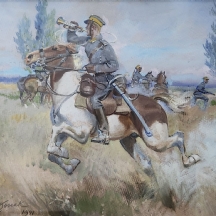 יז'י קוסאק (צייר פולני, 1886-1955 / Jerzy Kossak) - 'פרש נאה ורווק תוקע בחצוצרה