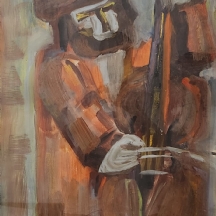 'נגן הקונטרבס' - ציור ישן וגדול, גואש על נייר, חתימה לא מפוענחת מצד ימין למטה