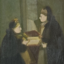 אברהם גולדברג (Avraham Goldberg) - 'שיח נשים' - ציור ישן, שמן על בד מוצמד ללוח