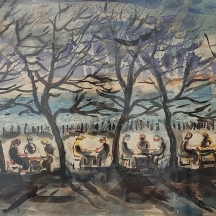 'דמויות בשדרה' - ציור ישן, אקוורל על נייר, חתום, חתימה לא מפוענחת