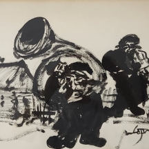 משה ברנשטיין (Moshe Bernstein) - 'כלייזמר תוקע בקרן יער' - גואש שחור על נייר, חת