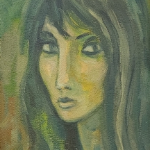 יהודה ורדי (Yehuda Vardi) - 'פורטרט נערה בירוק' - ציור ישן, שמן על קרטון, חתום